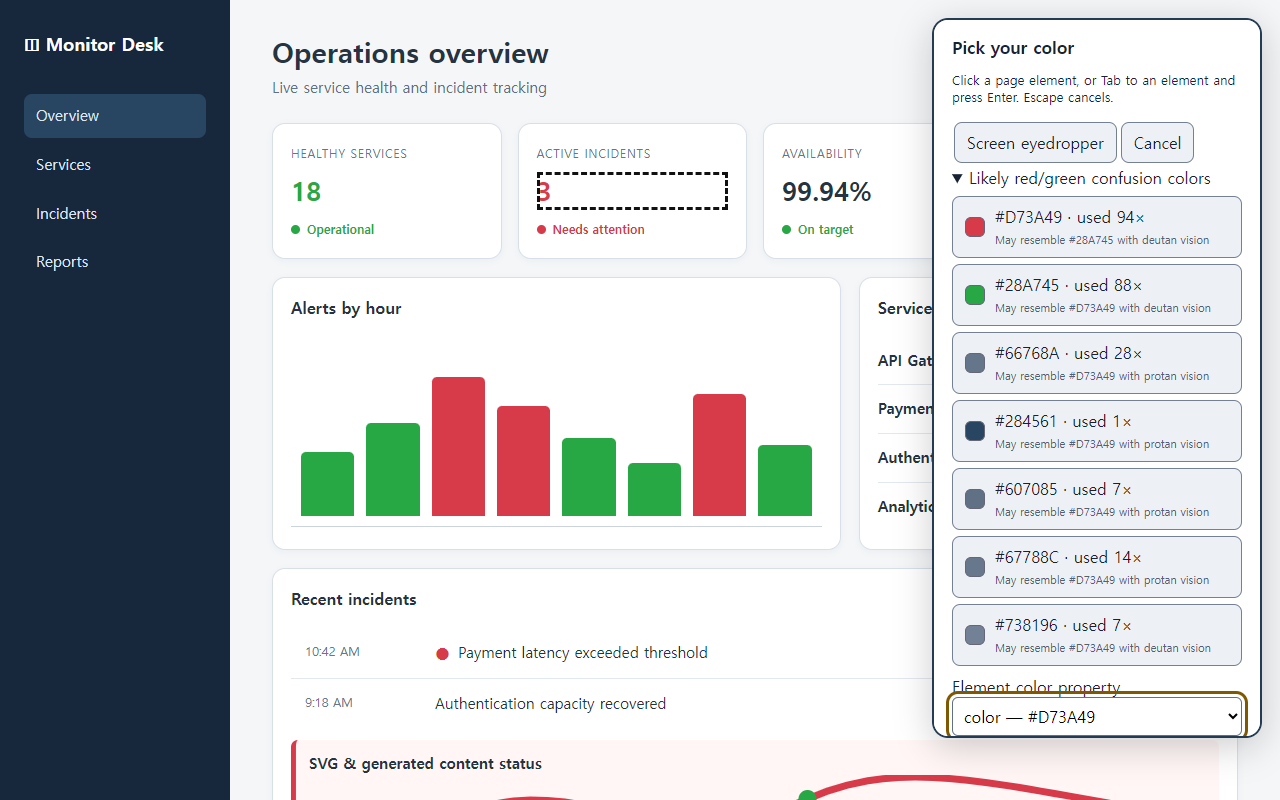 Color Remapper page picker open over a service dashboard